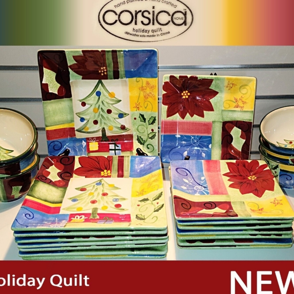 CORSICA HOME Holiday Quilt Square Dinnerware Set Plates, Bowls, Tree, Holly,